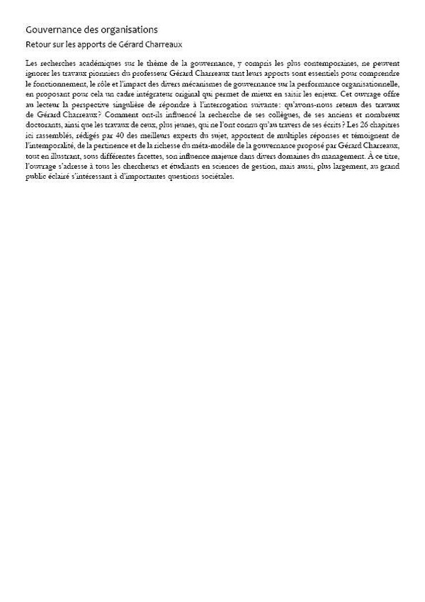 Quatrième de couverture de « Gouvernance des organisations : retour sur les apports de Gérard Charreaux »