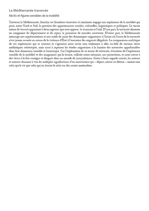 Quatrième de couverture de « La Méditerranée traversée : récits et figures sensibles de la mobilité »