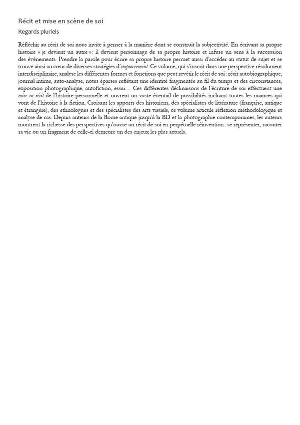 Quatrième de couverture de « Récit et mise en scène de soi : regards pluriels »