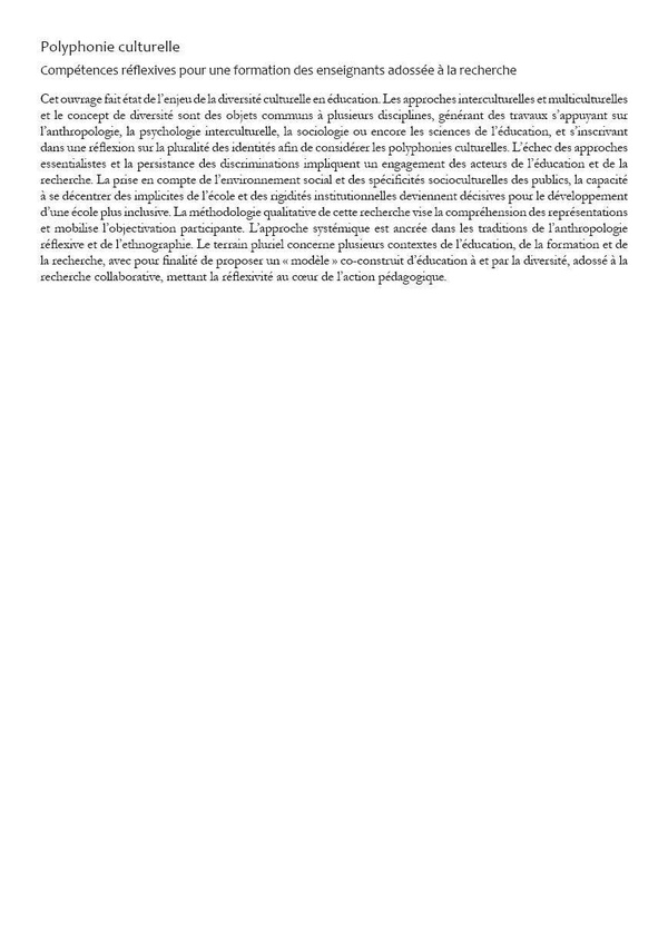 Quatrième de couverture de « Polyphonie culturelle : compétences réflexives pour une formation des enseignants adossée à la recherche »