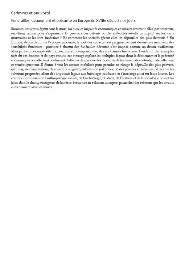 Quatrième de couverture de « Cadavres et pauvreté : funérailles, dénuement et précarité en Europe du XVIIIe siècle à nos jours »