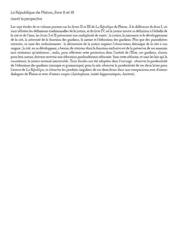 Quatrième de couverture de « "La république" de Platon, livre II et III : ouvrir la perspective »
