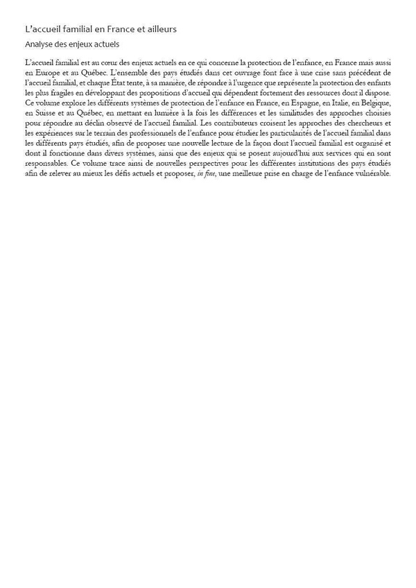 Quatrième de couverture de « L'accueil familial en France et ailleurs : analyse des enjeux actuels »
