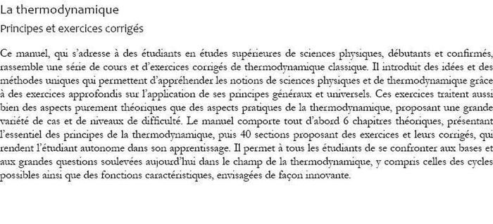 Quatrième de couverture de « LA THERMODYNAMIQUE - PRINCIPES ET EXERCICES CORRIGES »