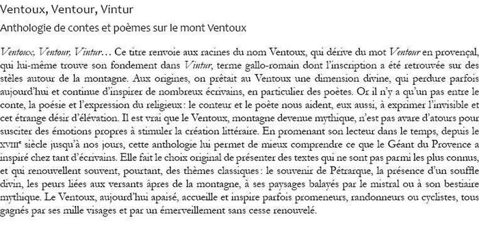 Quatrième de couverture de « Ventoux, Ventour, Vintur : Anthologie de contes et poèmes sur le mont Ventoux »