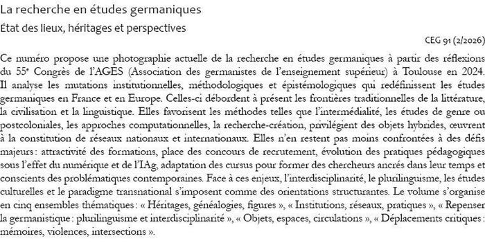 Quatrième de couverture de « LA RECHERCHE EN ETUDES GERMANIQUES - ETAT DES LIEUX, HERITAGES ET PERSPECTIVES »