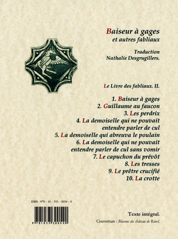 Quatrième de couverture de « BAISEUR A GAGES ET AUTRES FABLIAUX. - LE LIVRE DES FABLIAUX 2 »