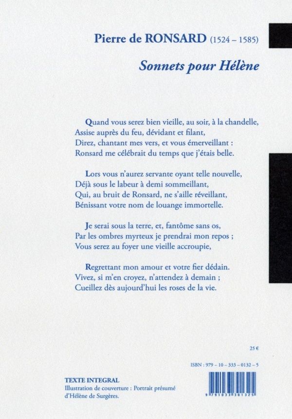Quatrième de couverture de « SONNETS POUR HELENE »