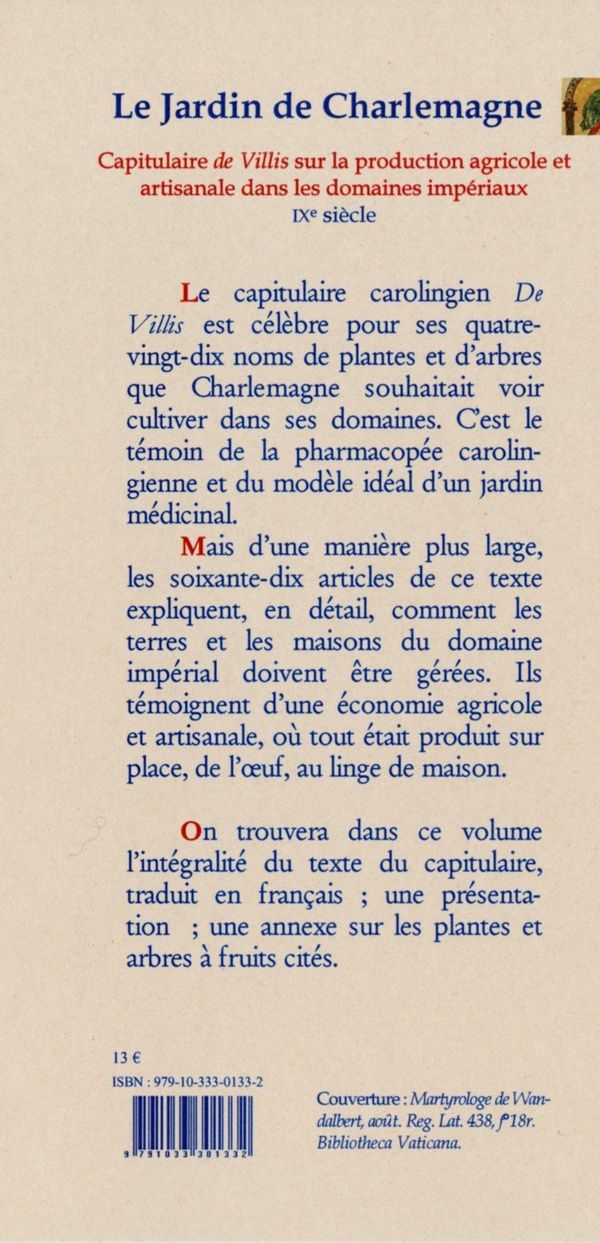 Quatrième de couverture de « Le jardin de Charlemagne : cartulaire des villas et des cours impériales »