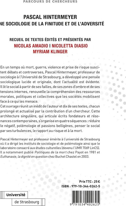 Quatrième de couverture de « Pascal Hintermeyer, une sociologie de la finitude et de l'adversité : dialogues et nouvelles perspectives »