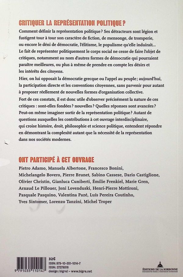 Quatrième de couverture de « Critiquer la représentation politique ? »