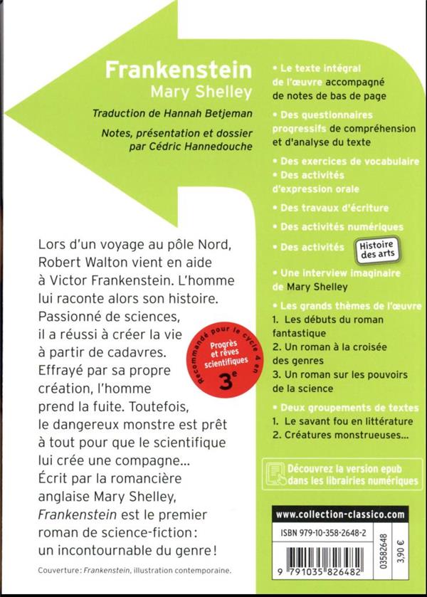Quatrième de couverture de « Frankenstein : ou le Prométhée moderne »