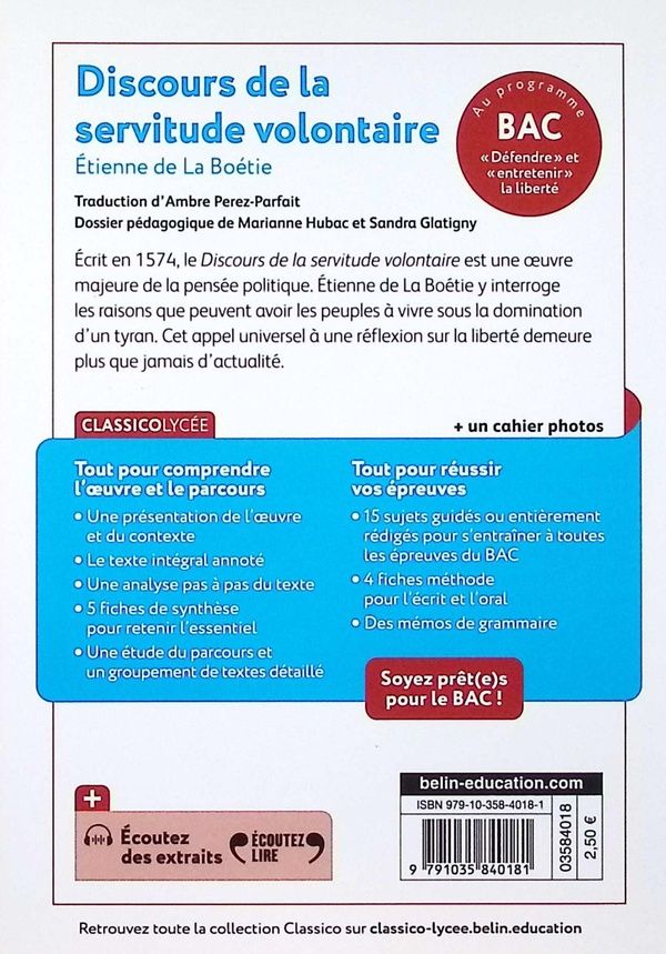 Quatrième de couverture de « DISCOURS DE LA SERVITUDE VOLONTAIRE (BAC 2026) »