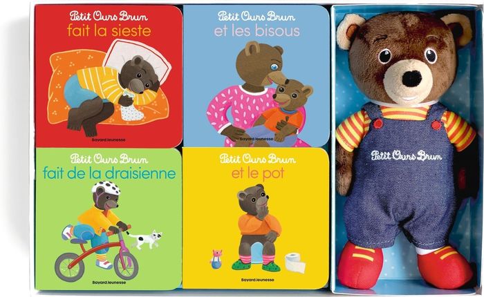 Couverture du livre « MON COFFRET A HISTOIRES PETIT OURS BRUN : QUATRE LIVRES ET UNE PELUCHE » de Aubinais/bour, librairie Les Contes Infusés à Corte