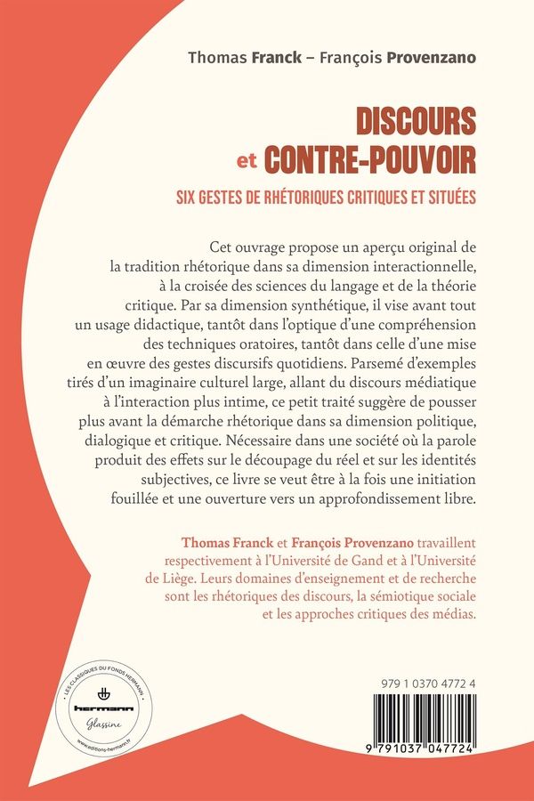 Quatrième de couverture de « Discours et contre-pouvoir : Six gestes de rhétoriques critiques et situées »