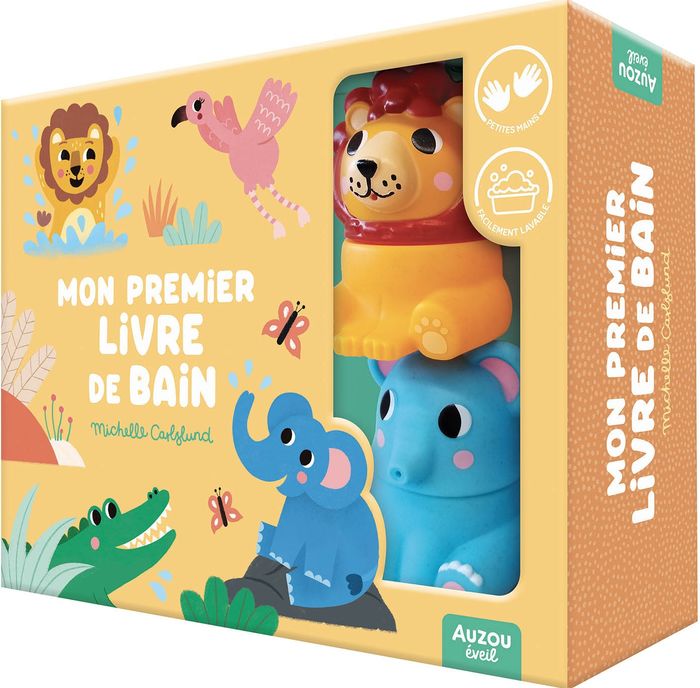 Couverture du livre « MON PREMIER LIVRE DE BAIN - DANS LA SAVANE - UN COFFRET AVEC 2 JOUETS DECLIPSABLES ! », librairie Les Contes Infusés à Corte