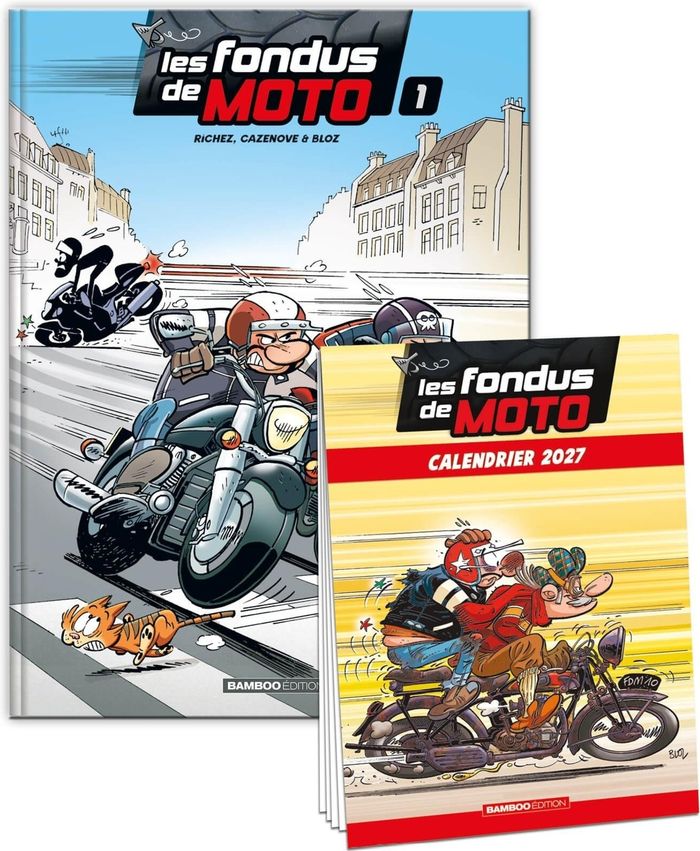 Couverture du livre « FONDUS DE MOTO (LES) - LES FONDUS DE MOTO - TOME 01 - CALENDRIER 2027 OFFERT » de Richez/bloz/cazenove, librairie Les Contes Infusés à Corte