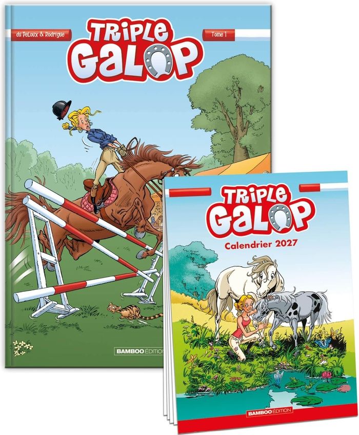 Couverture du livre « TRIPLE GALOP - TOME 01 + CALENDRIER 2027 OFFERT » de Peloux Rodrigue/du, librairie Les Contes Infusés à Corte