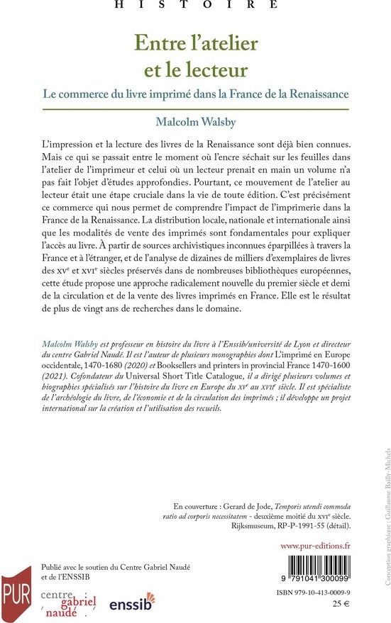 Quatrième de couverture de « Entre l'atelier et le lecteur : le commerce du livre imprimé dans la France de la Renaissance »