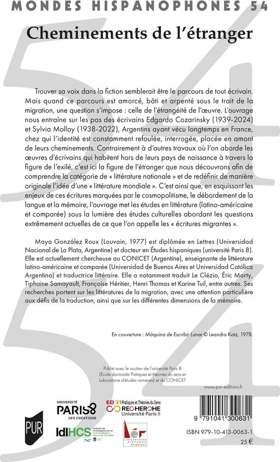 Quatrième de couverture de « Cheminements de l'étranger : Écritures migrantes chez Edgardo Cozarinsky et Sylvia Molloy »