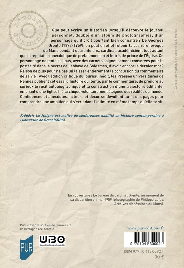 Quatrième de couverture de « L'anecdote et le décor : essai d'histoire sur le journal intime de Mgr Grente, 1921-1959 »