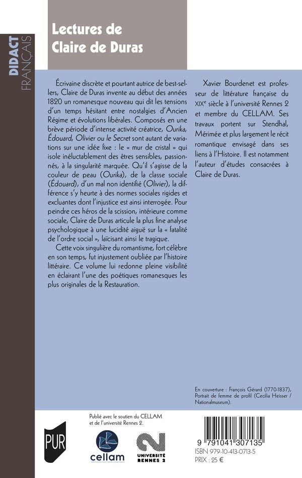 Quatrième de couverture de « Lectures de Claire de Duras : "Ourika", "Édouard", "Olivier ou Le secret" »