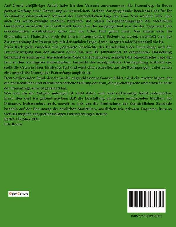 Quatrième de couverture de « DIE FRAUENFRAGE - IHRE GESCHICHTLICHE ENTWICKLUNG UND WIRTSCHAFTLICHE SEITE »