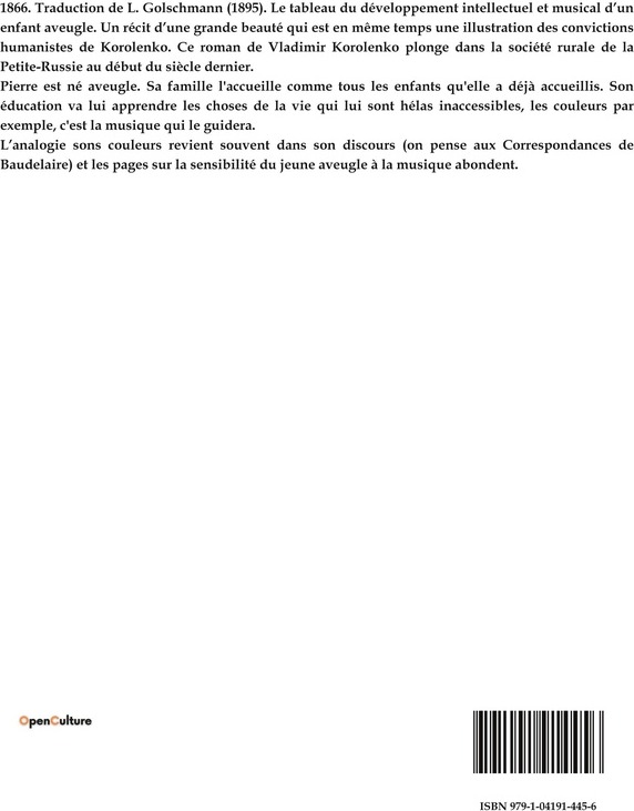 Quatrième de couverture de « LE MUSICIEN AVEUGLE - UNE NOUVELLE DE VLADIMIR KOROLENKO »