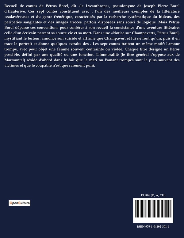 Quatrième de couverture de « CHAMPAVERT - CONTES IMMORAUX - UNE NOUVELLE DE PETRUS BOREL »
