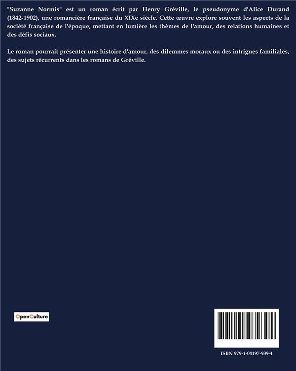 Quatrième de couverture de « SUZANNE NORMIS »
