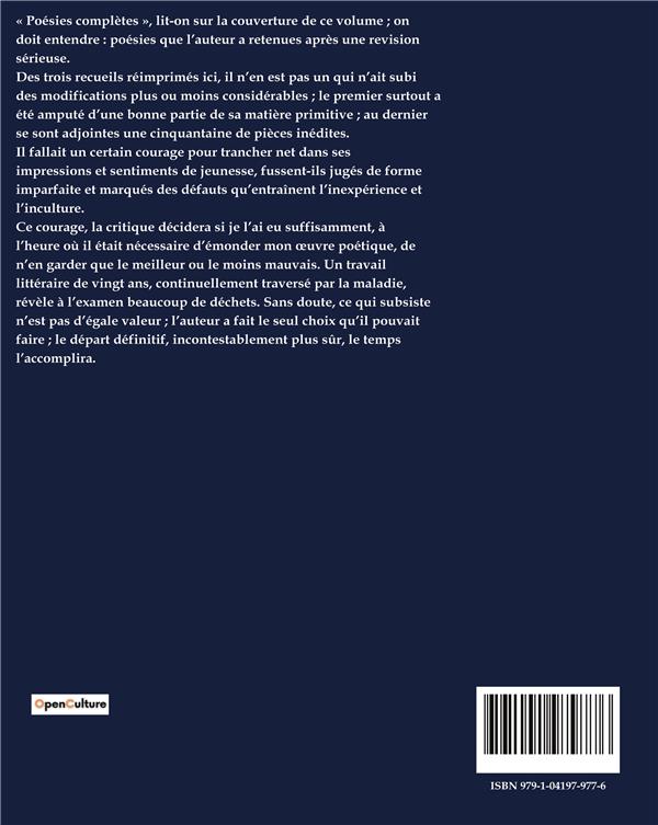 Quatrième de couverture de « POESIES COMPLETES - TOME I »