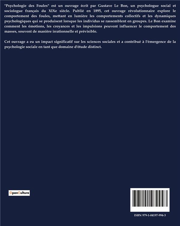 Quatrième de couverture de « PSYCHOLOGIE DES FOULES »