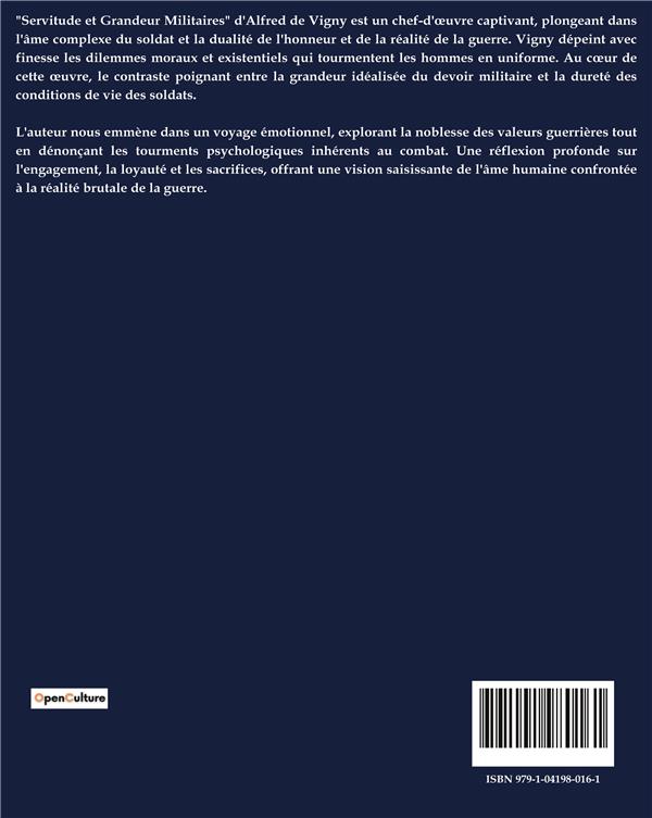 Quatrième de couverture de « SERVITUDE ET GRANDEUR MILITAIRES »