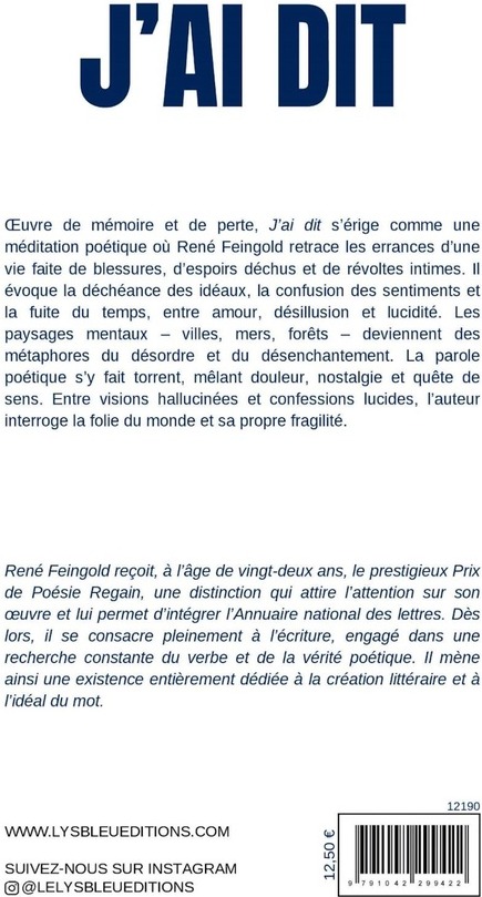 Quatrième de couverture de « J'ai dit : recueil »