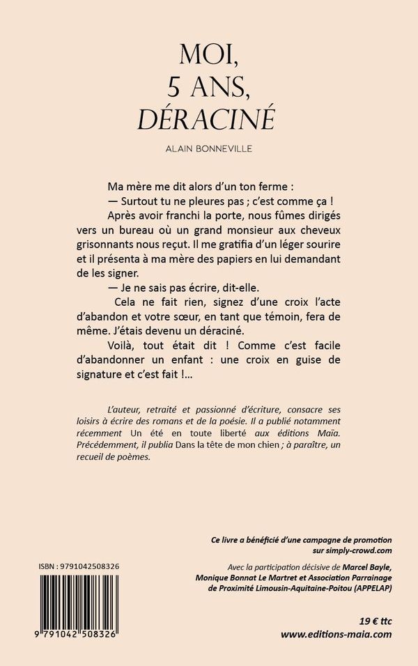 Quatrième de couverture de « MOI, 5 ANS, DERACINE »