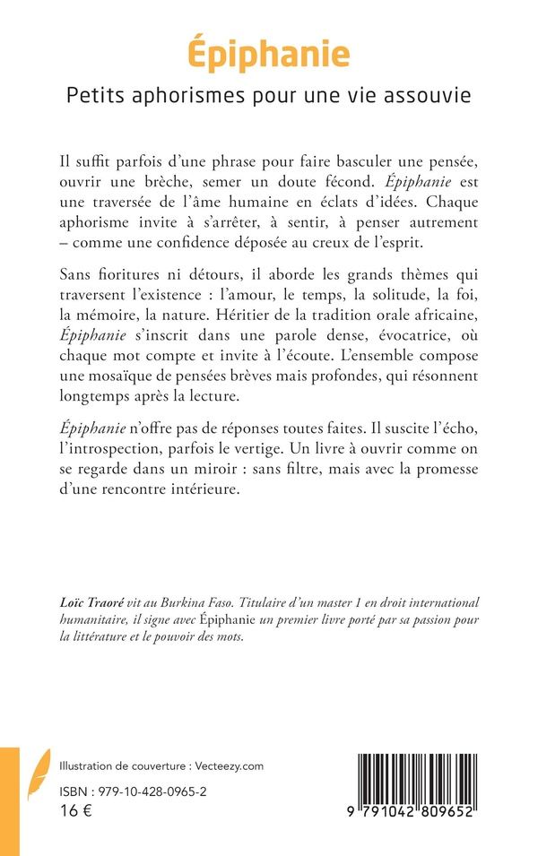 Quatrième de couverture de « Épiphanie : petits aphorismes pour une vie assouvie »