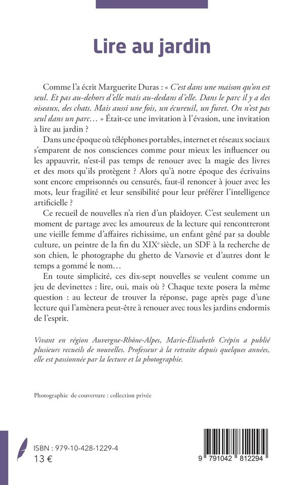 Quatrième de couverture de « LIRE AU JARDIN - ET AUTRES NOUVELLES »