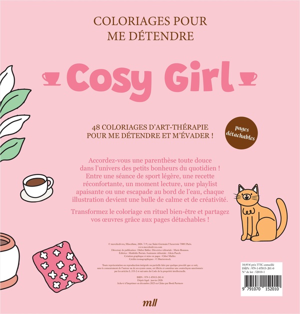 Quatrième de couverture de « COSY GIRL - COLORIAGES POUR ME DETENDRE - 48 COLORIAGES D'ART-THERAPIE POUR ME DETENDRE ET M'EVADER »