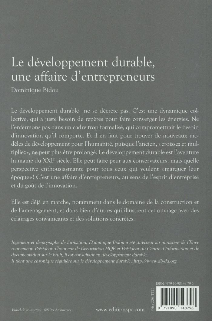 Quatrième de couverture de « LE DEVELOPPEMENT DURABLE, UNE AFFAIRE D'ENTREPRENEURS »