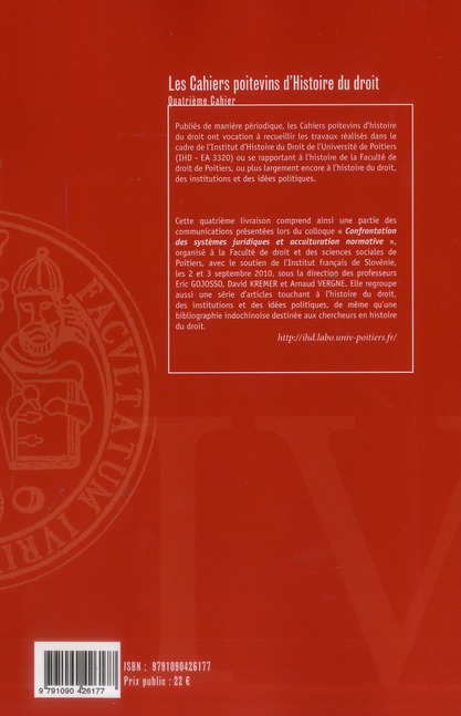 Quatrième de couverture de « LES CAHIERS POITEVINS D'HISTOIRE DU DROIT - QUATRIEME CAHIER »