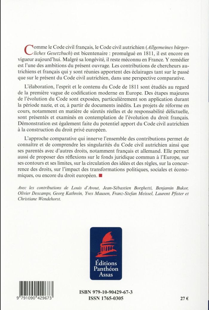 Quatrième de couverture de « LE CODE CIVIL AUTRICHIEN (ABGB) - UN AUTRE BICENTENAIRE (1811-2011) »