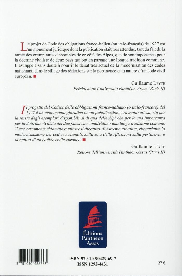 Quatrième de couverture de « LE PROJET DE CODE DES OBLIGATIONS FRANCO-ITALIEN (1927) - IL PROGETTO DEL CODICE DELLE OBBLIGAZIONI »