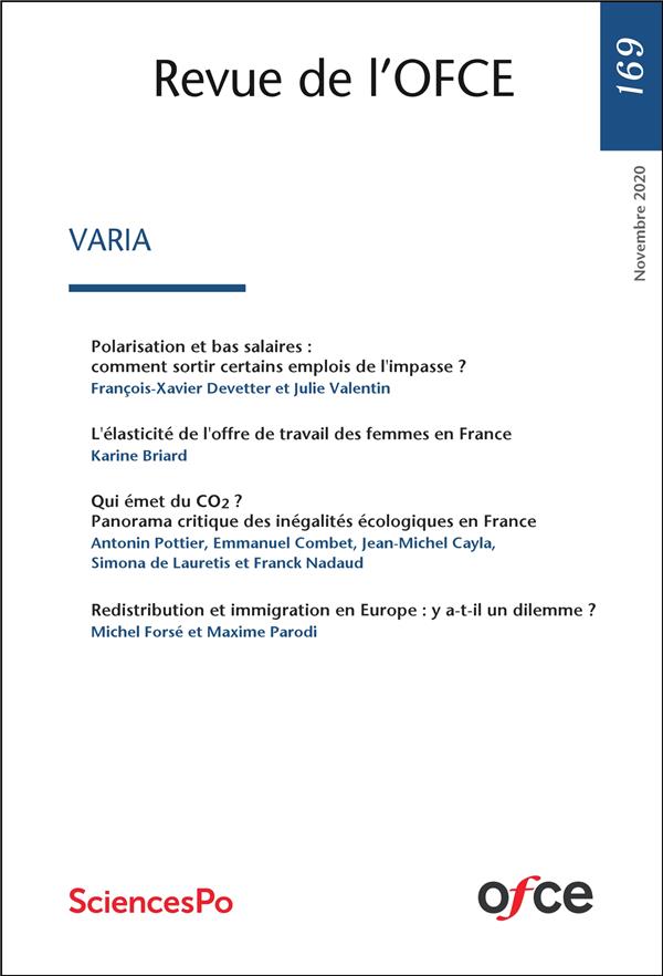 Couverture du livre « REVUE DE L'OFCE N 169 - VARIA - NOVEMBRE 2020 » de Collectif, librairie Les Contes Infusés à Corte