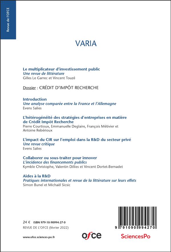 Quatrième de couverture de « REVUE DE L'OFCE N 175 »