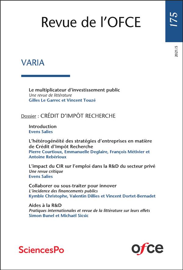 Couverture du livre « REVUE DE L'OFCE N 175 » de Collectif, librairie Les Contes Infusés à Corte