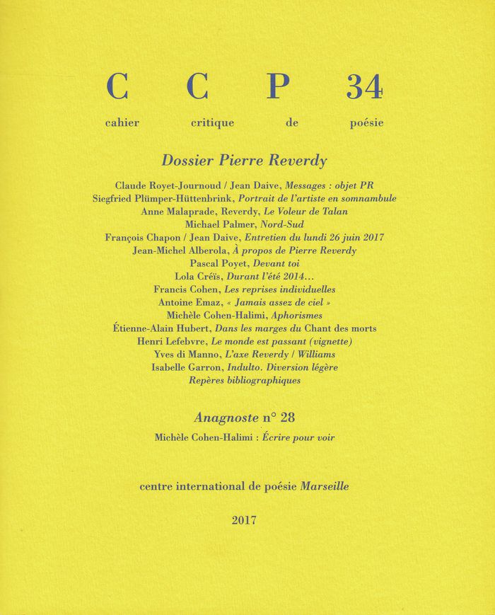 Couverture du livre « CAHIER CRITIQUE DE POESIE - DOSSIER PIERRE REVERDY » de Collectif, librairie Les Contes Infusés à Corte