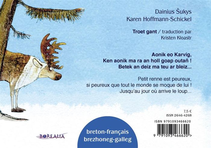 Quatrième de couverture de « PETIT RENNE A PEUR DE TOUT (BILINGUE BRETON-FRANCAIS) - AR C HARVIG-ERC H AONIK (BILINGUE BRETON-FRA »