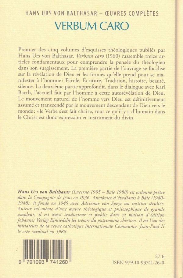 Quatrième de couverture de « Verbum caro »