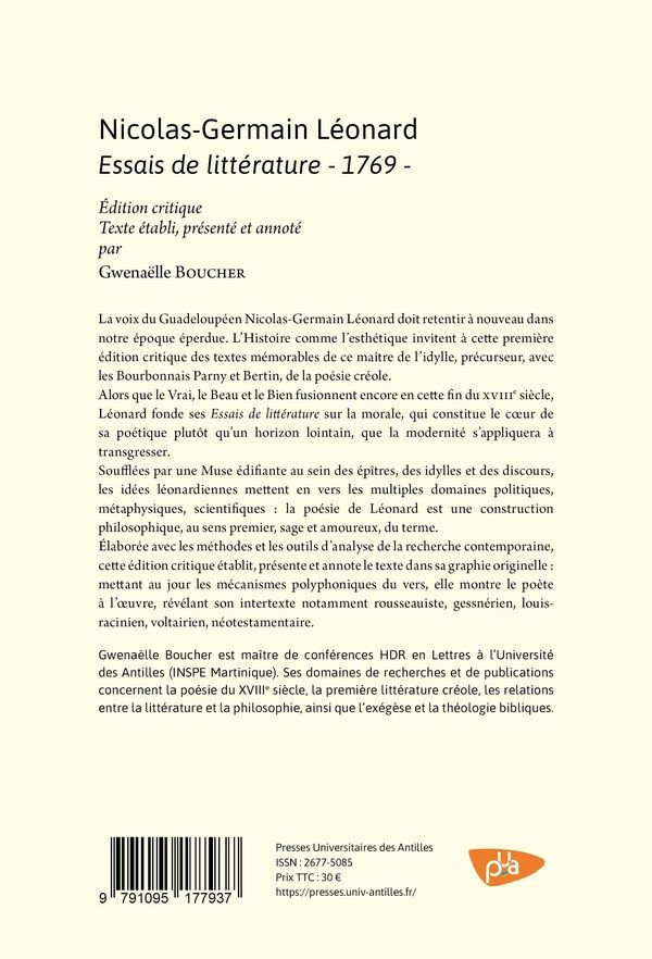 Quatrième de couverture de « Nicolas-Germain Léonard : "Essais de littérature" 1769 »