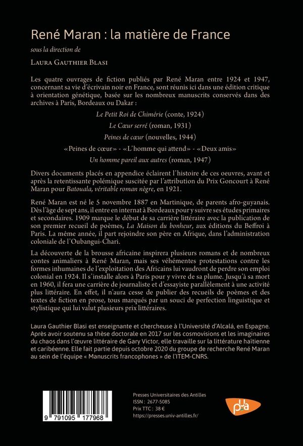 Quatrième de couverture de « René Maran, la matière de France : oeuvres de fiction »
